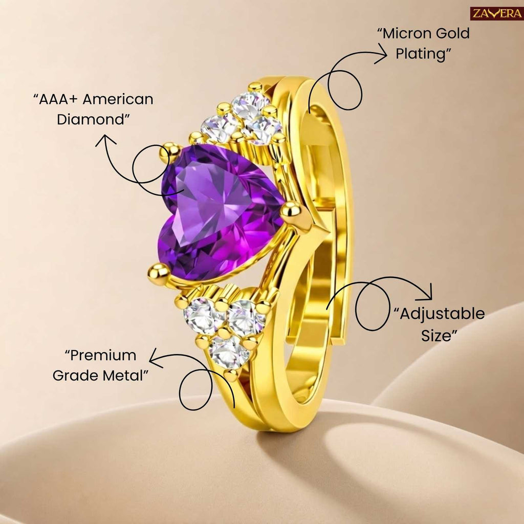 Gold Plated Royal Amethyst Diamond Love Adjustable Ring