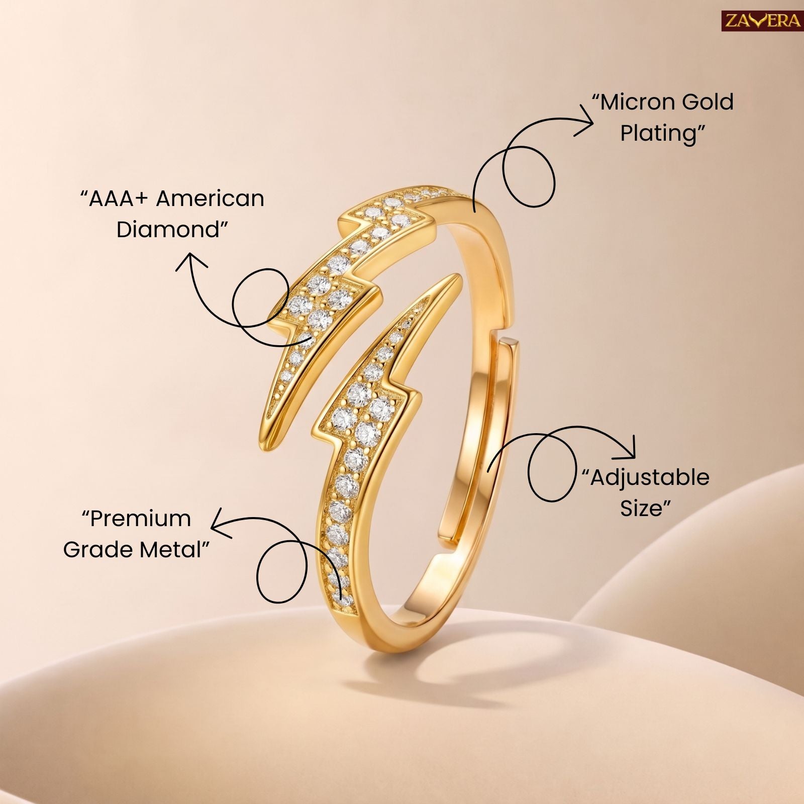 Zavera Brass 22K Thunderbolt Wrap Gold Plated Adjustable Ring For Women