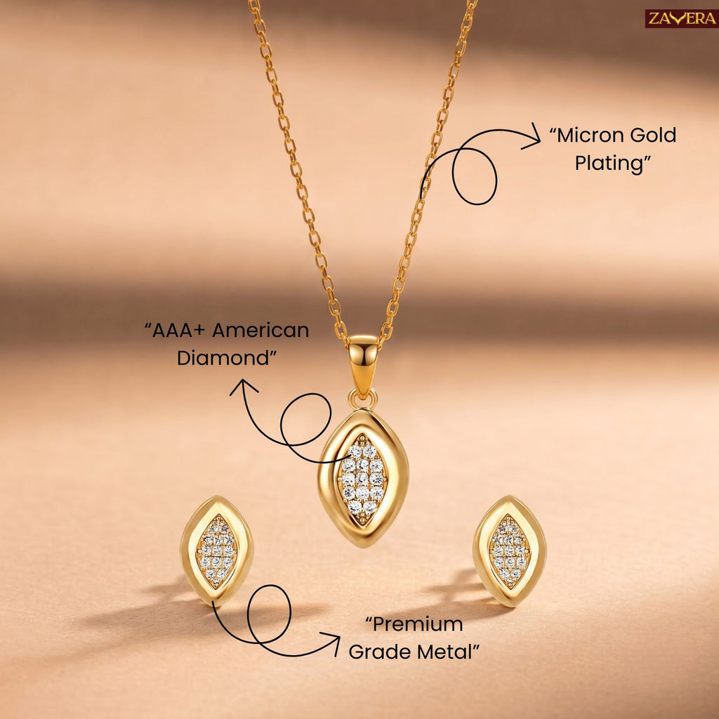 Zavera Pave Crystal Eye-Shaped Gold Pendant and Earring Set for Women