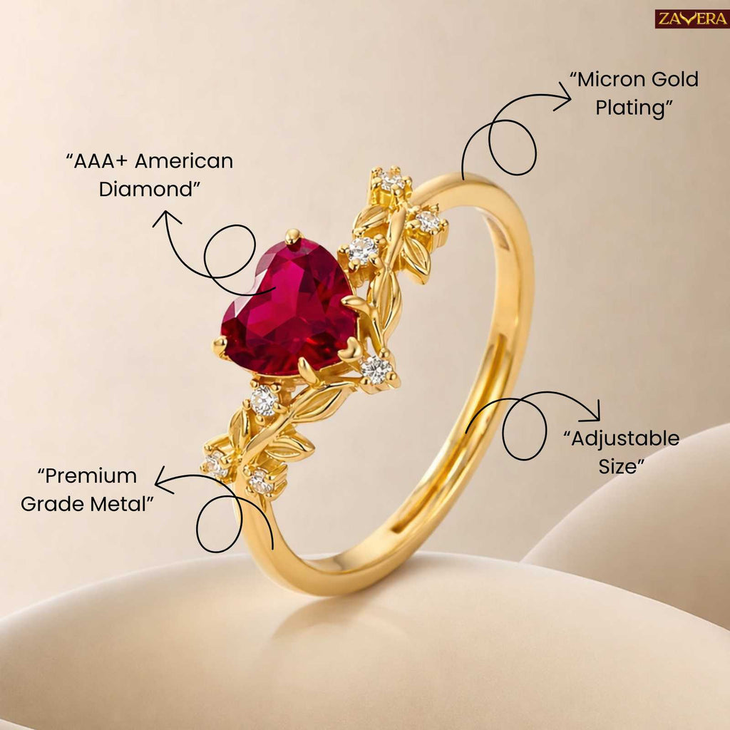 Zavera Gold Plated Floral Heart  Stone Adjustable Ring