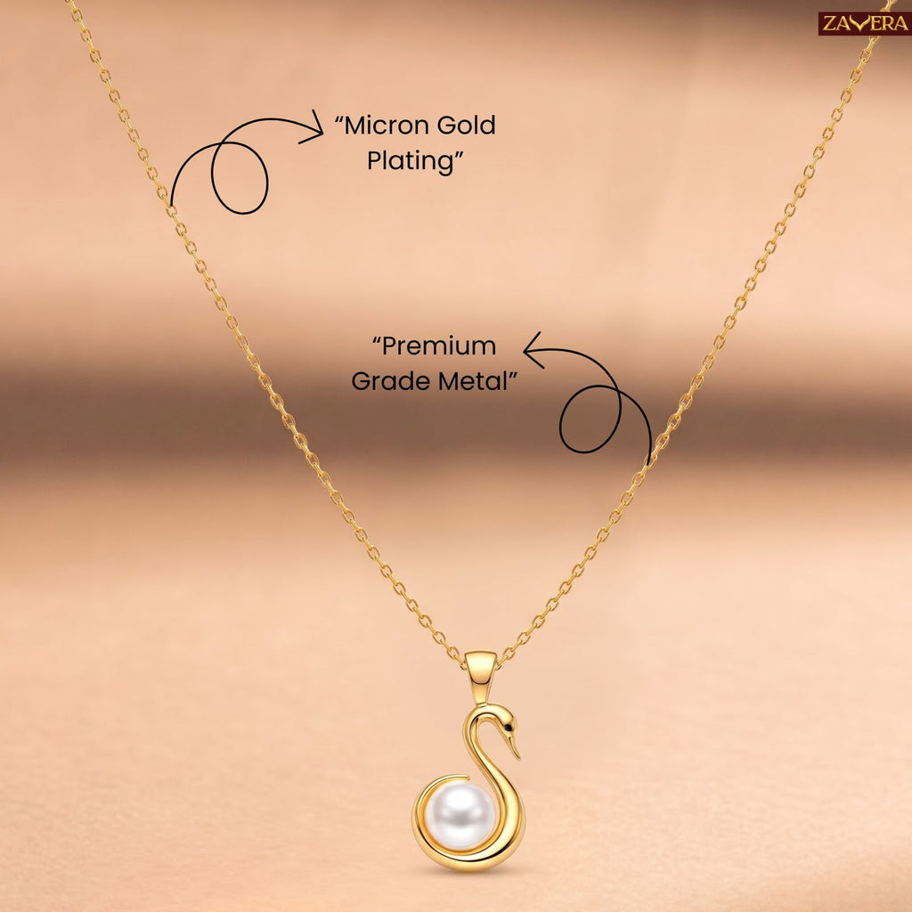 Zavera Gold Plated Swan Pearl Pendant For Women