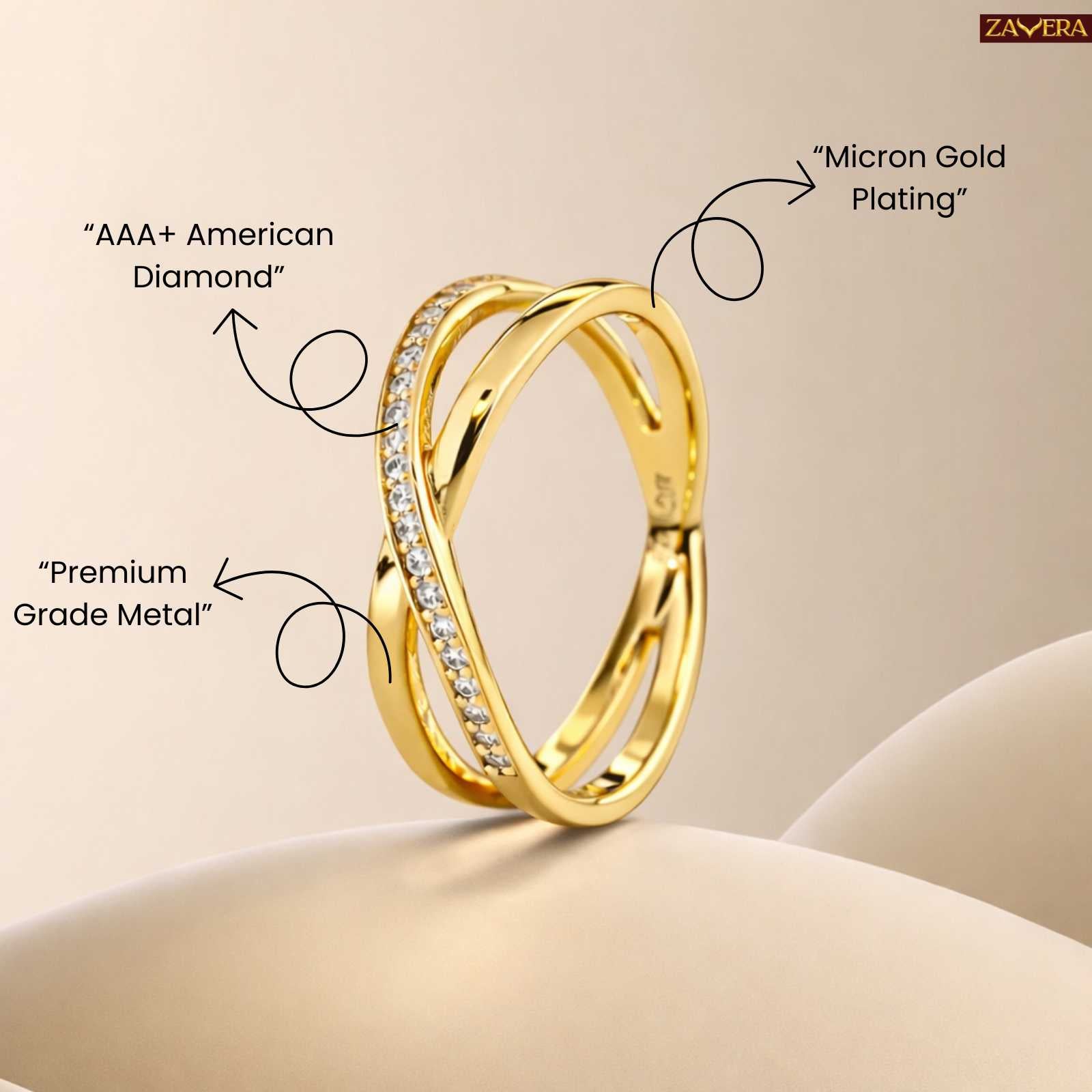 Zavera Gold Plated Criss Cross Stone Adjustable Ring