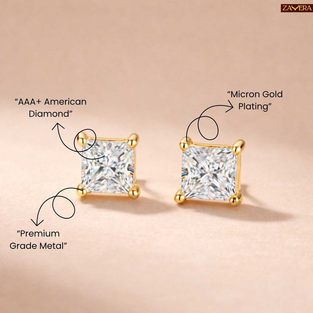 Zavera Princess Solitaire Gold Plated Stud Earrings