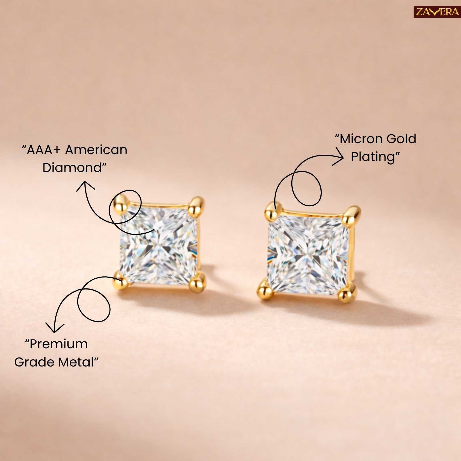 Zavera Princess Solitaire Gold Plated Stud Earrings