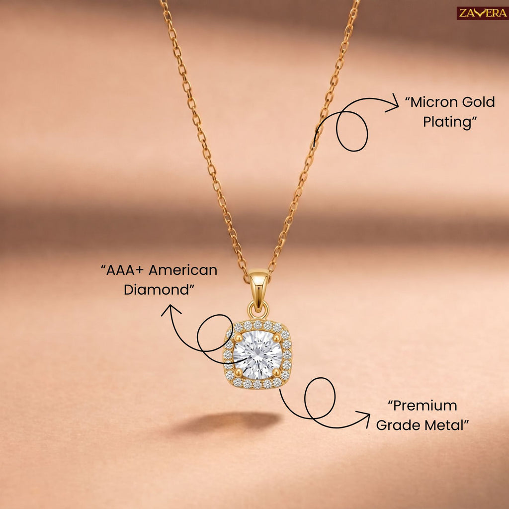 Zavera Gold Plated Elegant Cushion Cut Diamond Pendant For Women