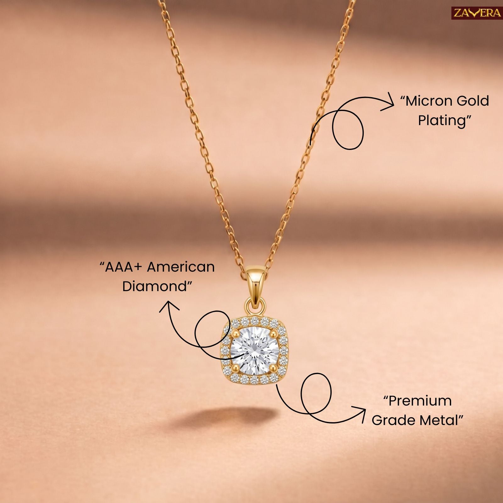 Zavera Gold Plated Elegant Cushion Cut Diamond Pendant For Women