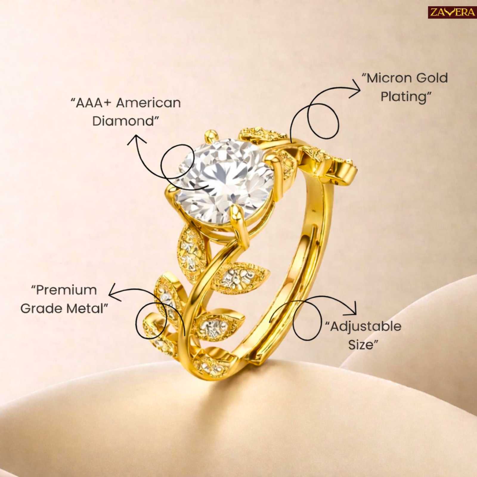 Zavera Gold Plated Leaf Vine Solitaire Adjustable Ring