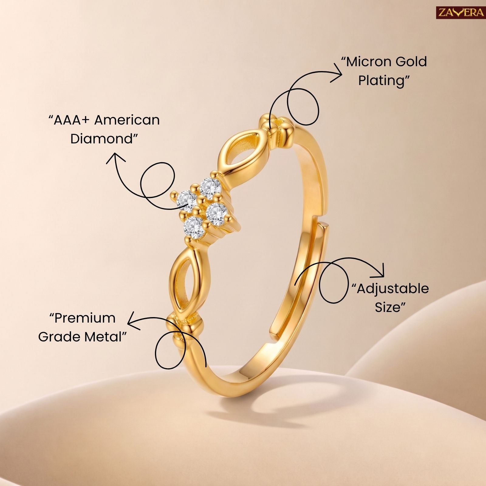 Zavera Brass 22K Adjustable Floral Halo American Diamond Gold Plated Ring For Women