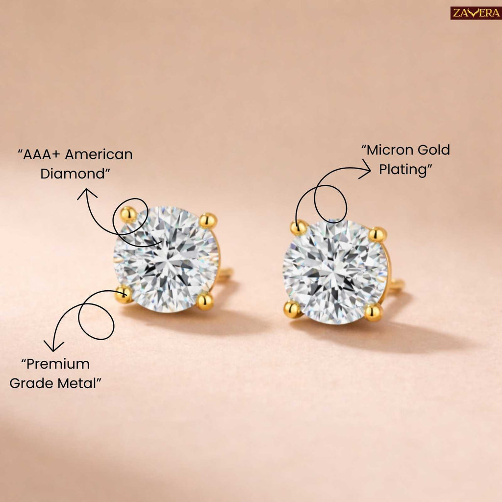 Zavera Brilliant Solitaire Gold Plated Stud Earrings