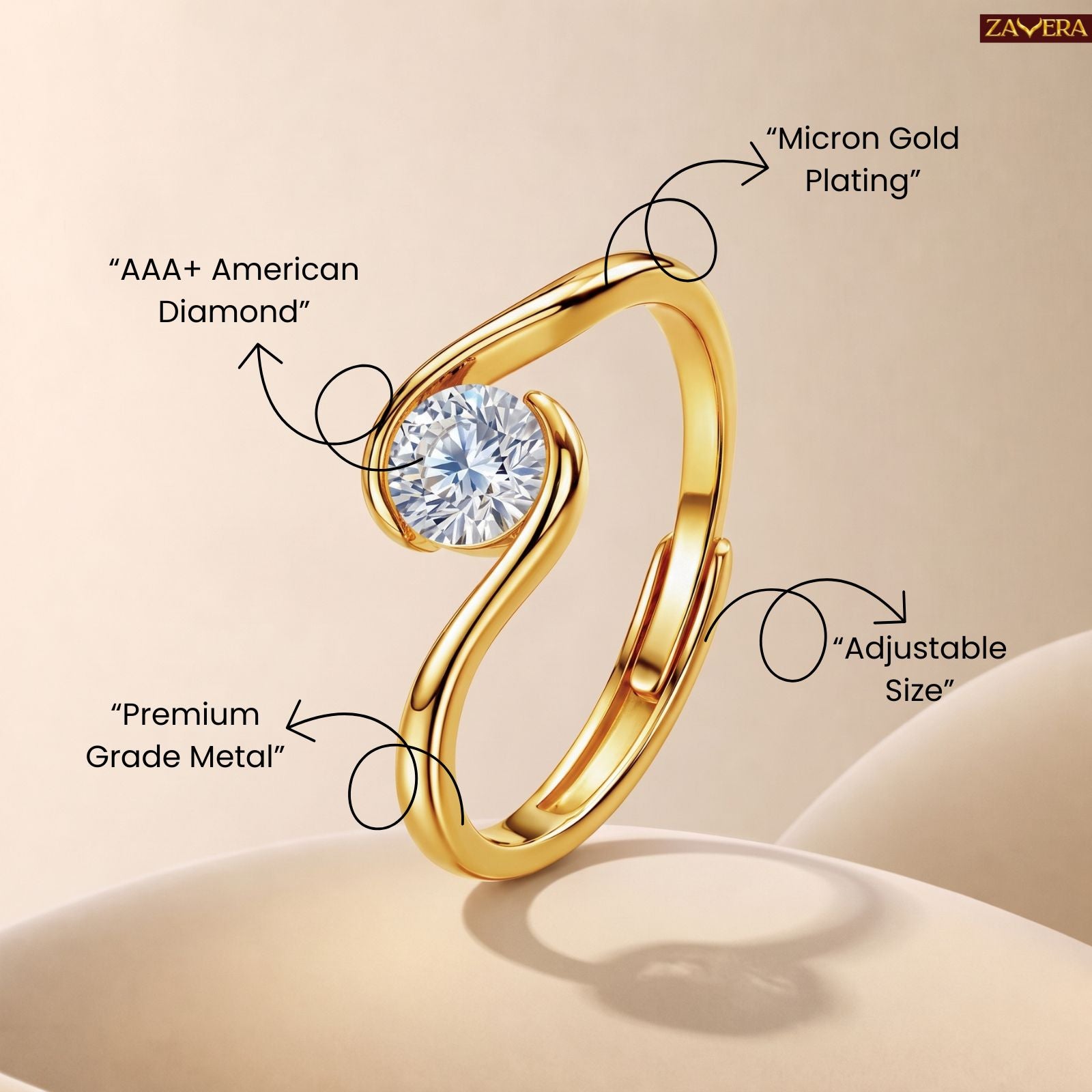 Zavera Brass 22K  Classic Twist Solitaire Gold Plated Ring For Women