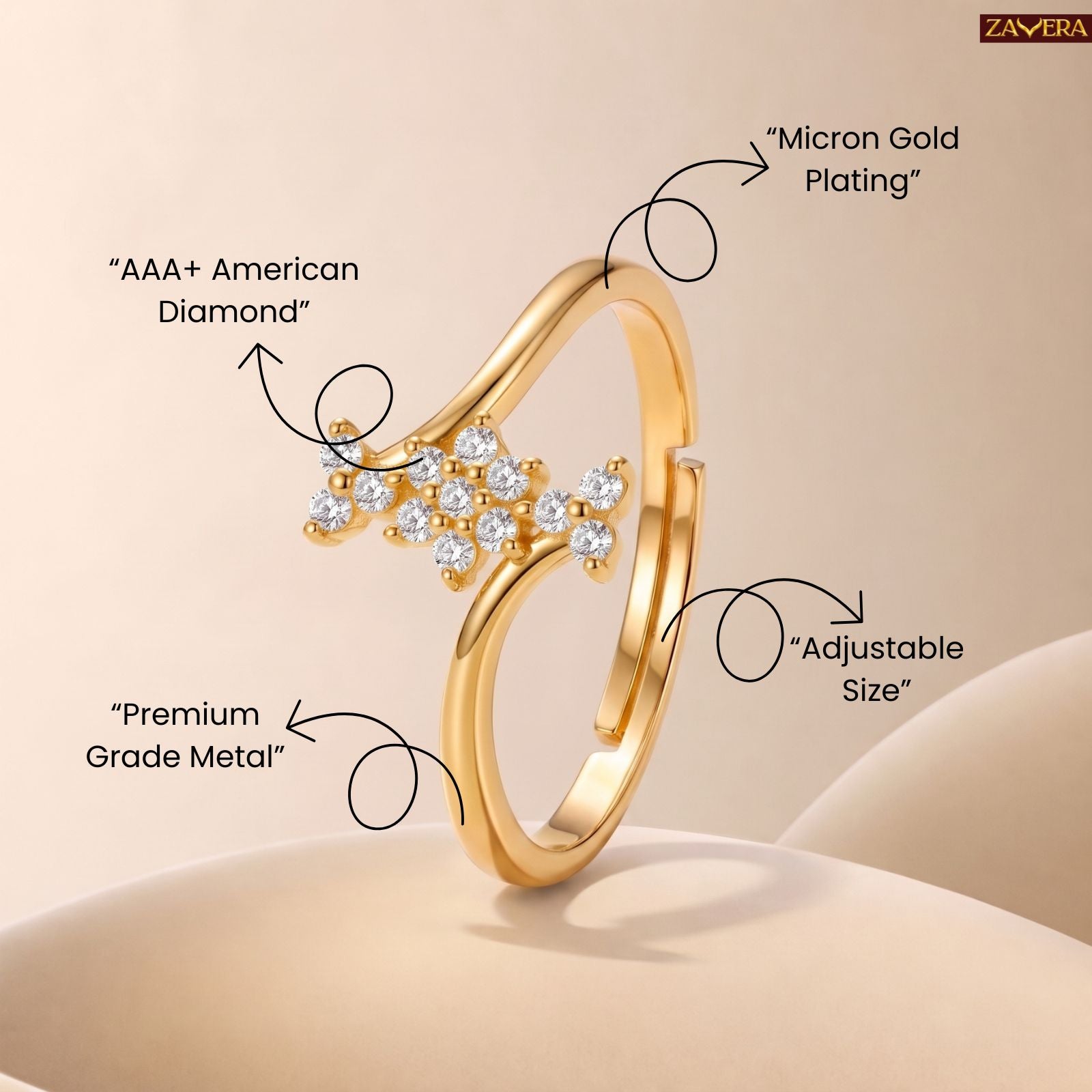 Zavera Brass 22K Floral American Diamond Gold Plated Adjustable Ring For Women