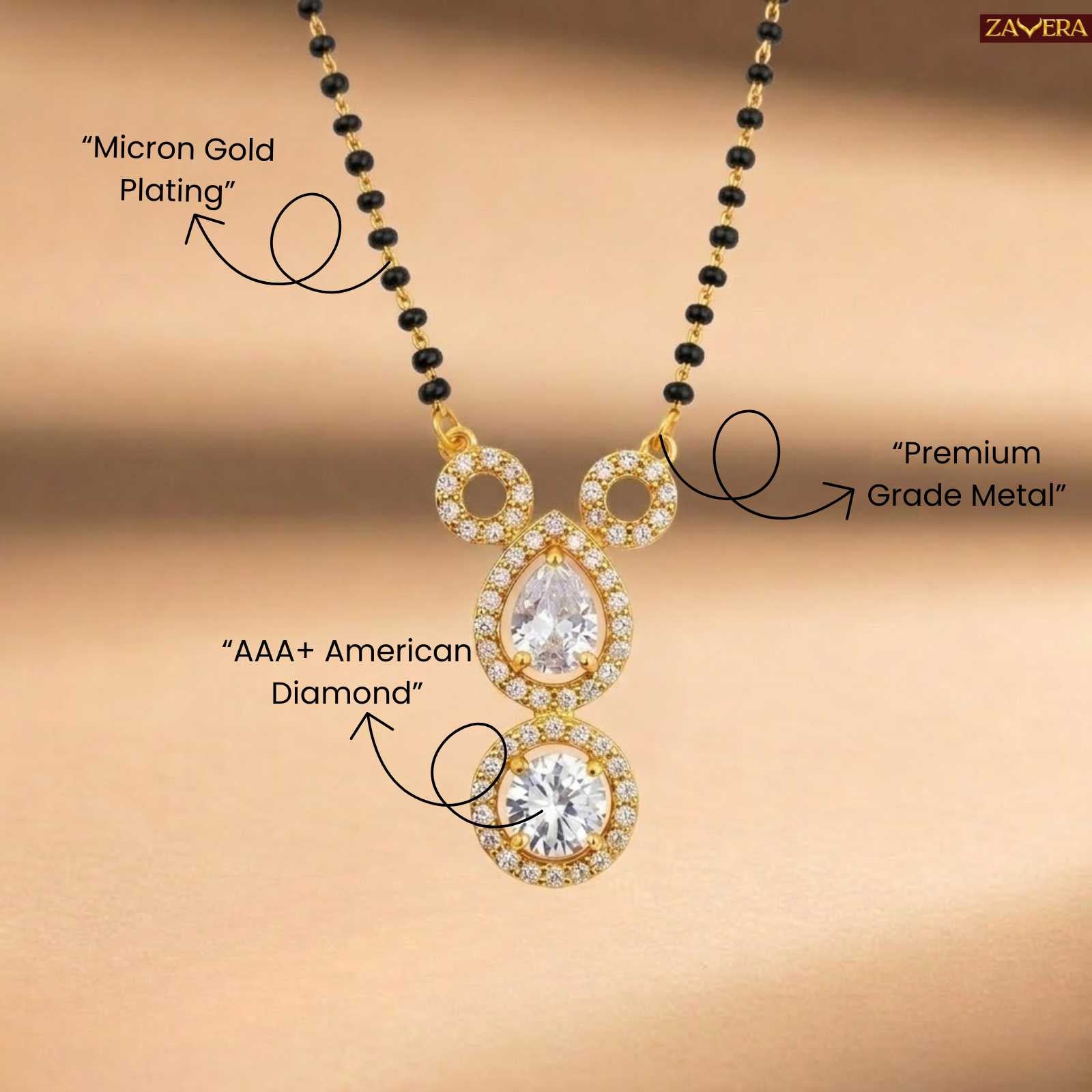 Zavera Diamond Design Gold Plated Mangalsutra Pendant with Black Beads Chain