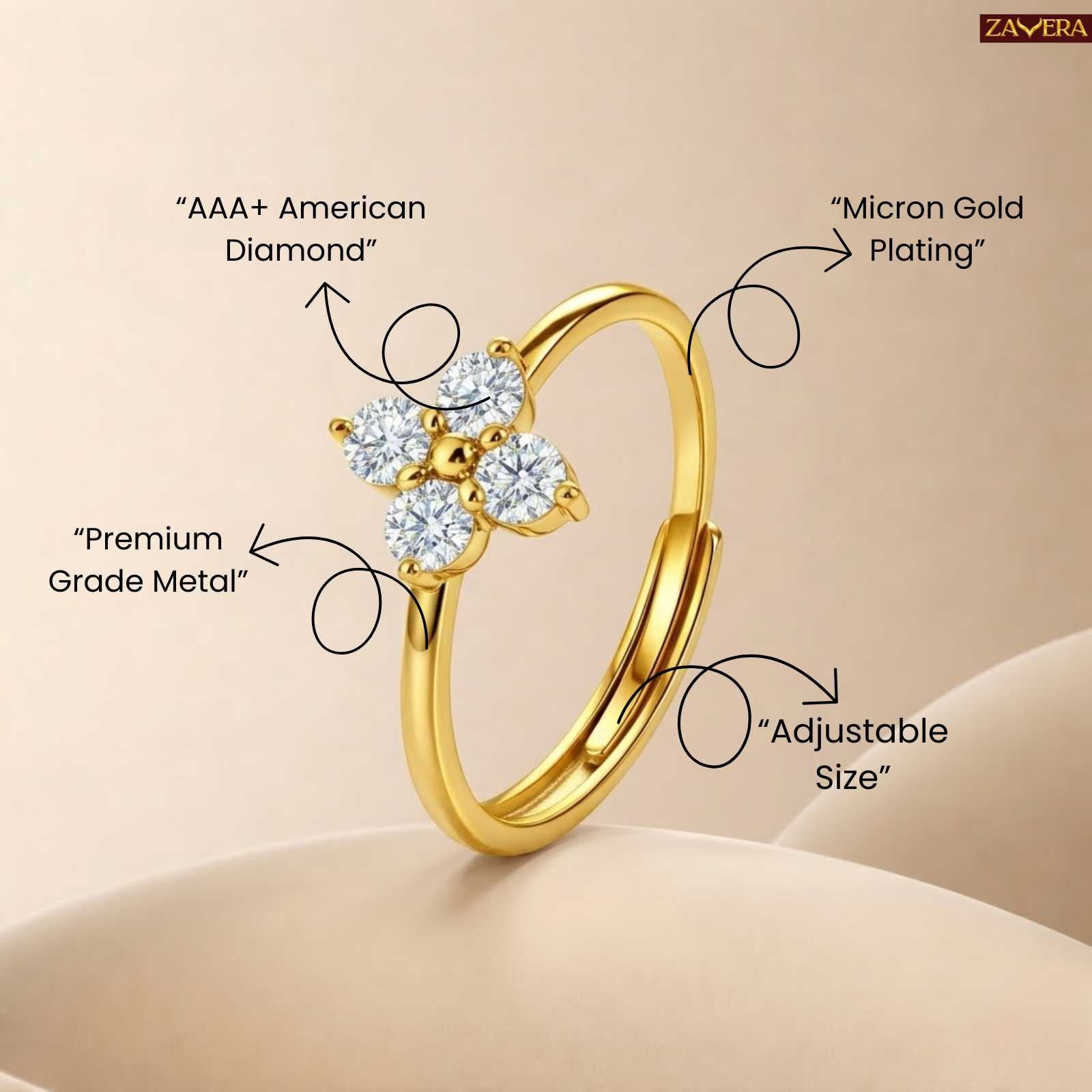 Zavera Floral Diamond Design Gold Plated Adjustable Ring