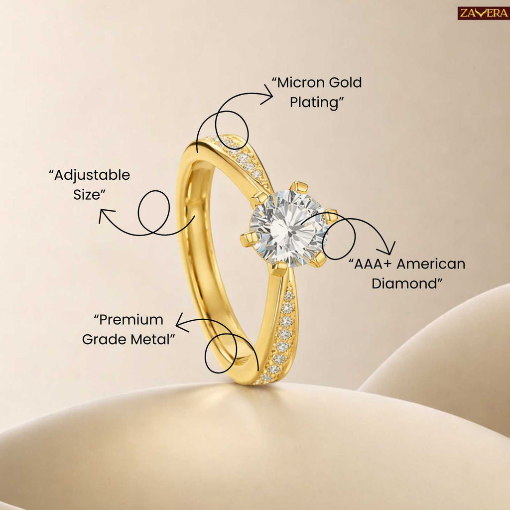 Zavera Gold Plated Classic Solitaire Adjustable Ring