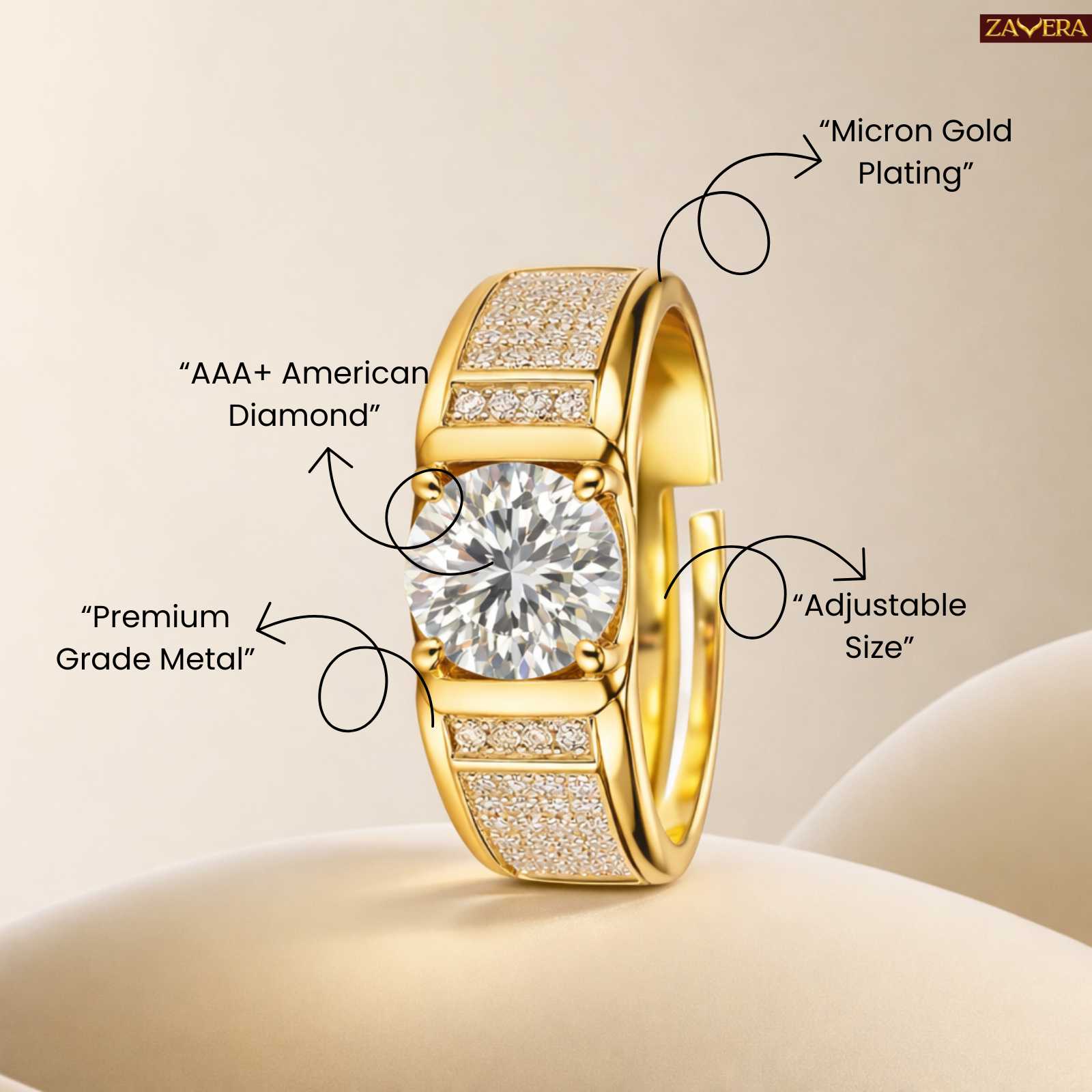 Zavera Gold Plated Bold Solitaire Men's Adjustable Ring