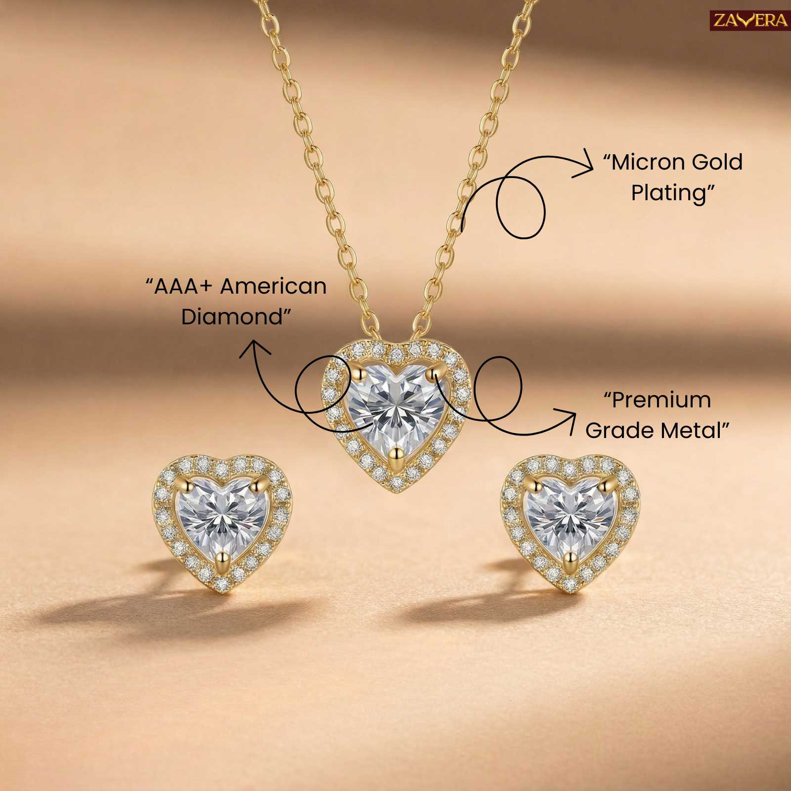 Zavera Gold Plated Crystal Heart Halo Pendant & Stud Earrings Pendant Set