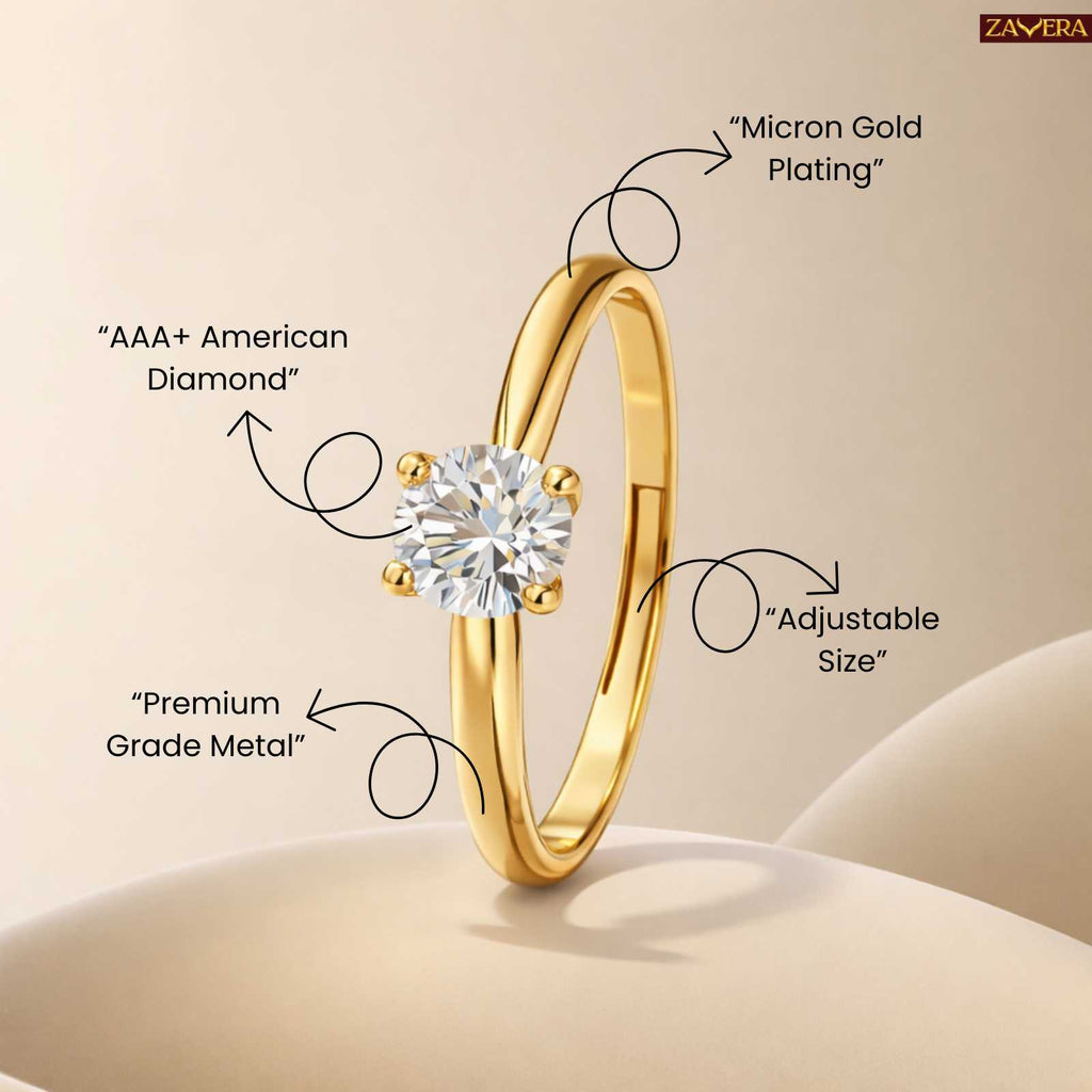 Zavera Gold Plated Solitaire Stone Adjustable Ring