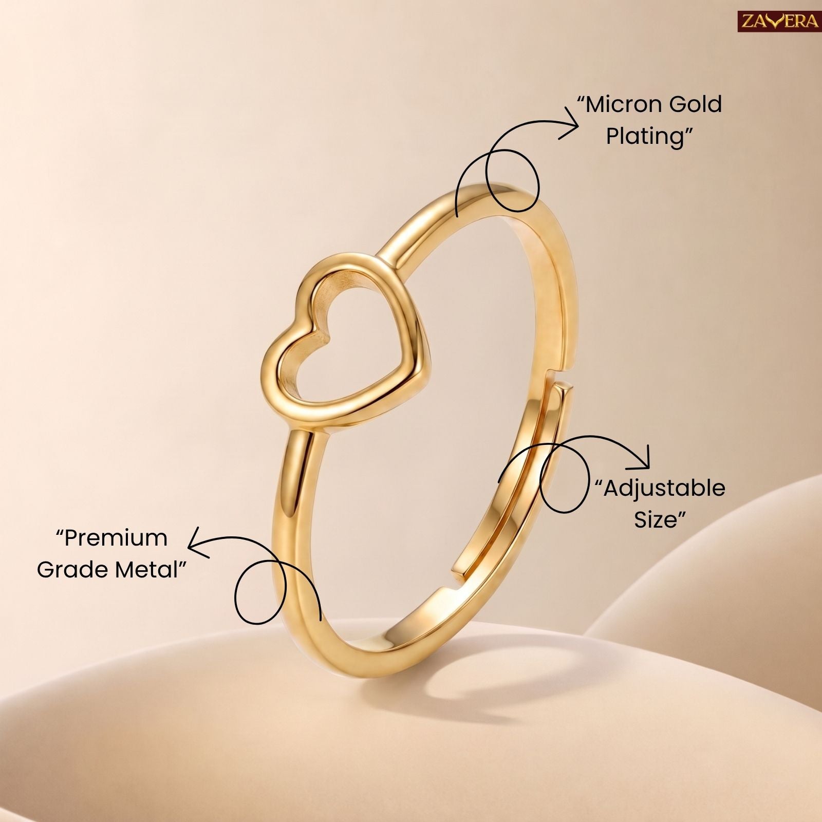 Zavera Brass 22K Open Heart Gold Plated Adjustable Ring For Women