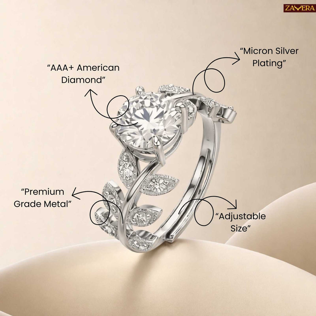 Zavera Silver Plated Leaf Vine Solitaire Adjustable Ring