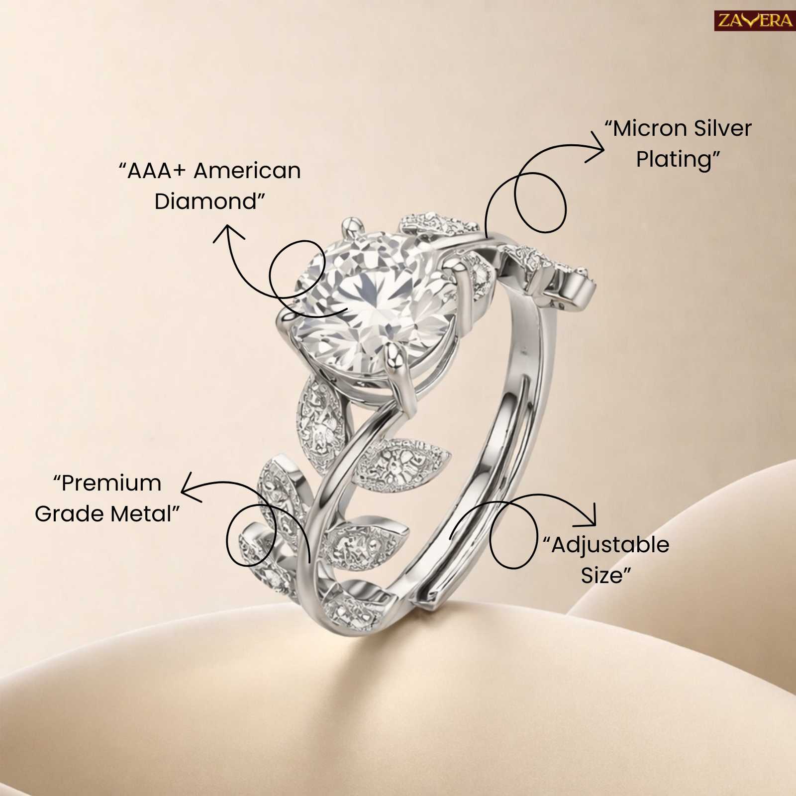 Zavera Silver Plated Leaf Vine Solitaire Adjustable Ring