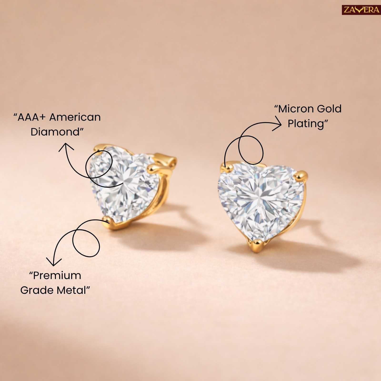 Zavera Sparkling Heart Gold Plated Stud Earrings