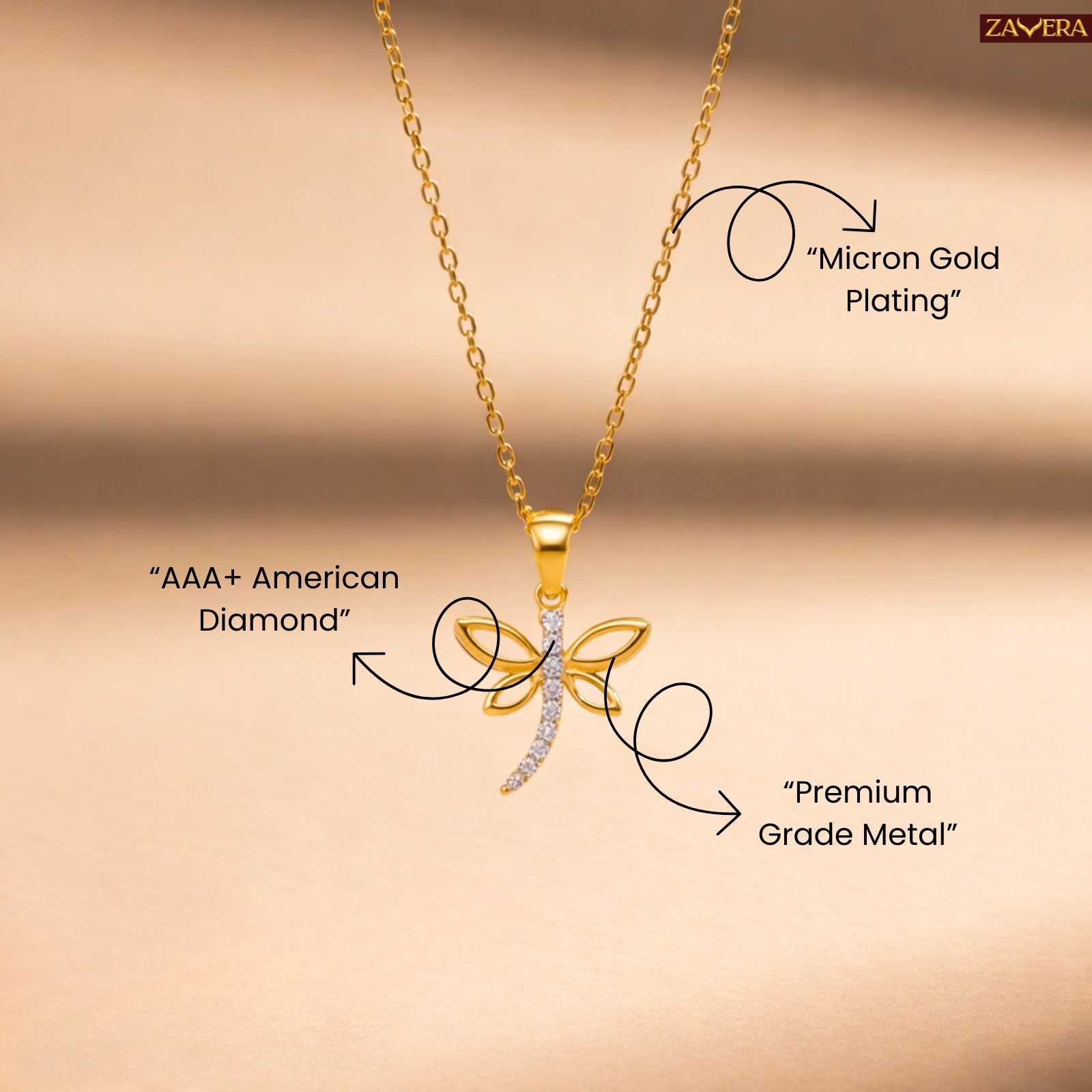 Gold Plated Dragonfly Pendant Necklace for Women