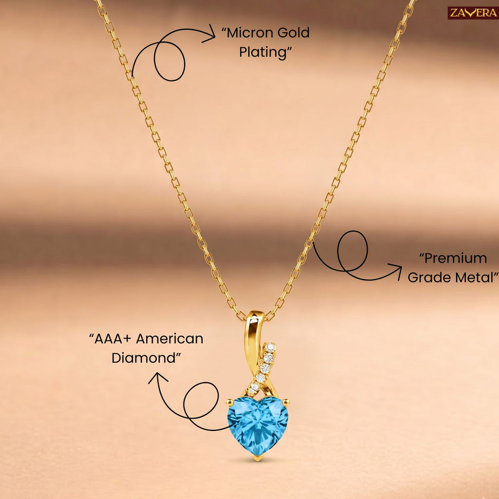 Zavera Gold Plated Blue Crystal Heart Pendant For Women
