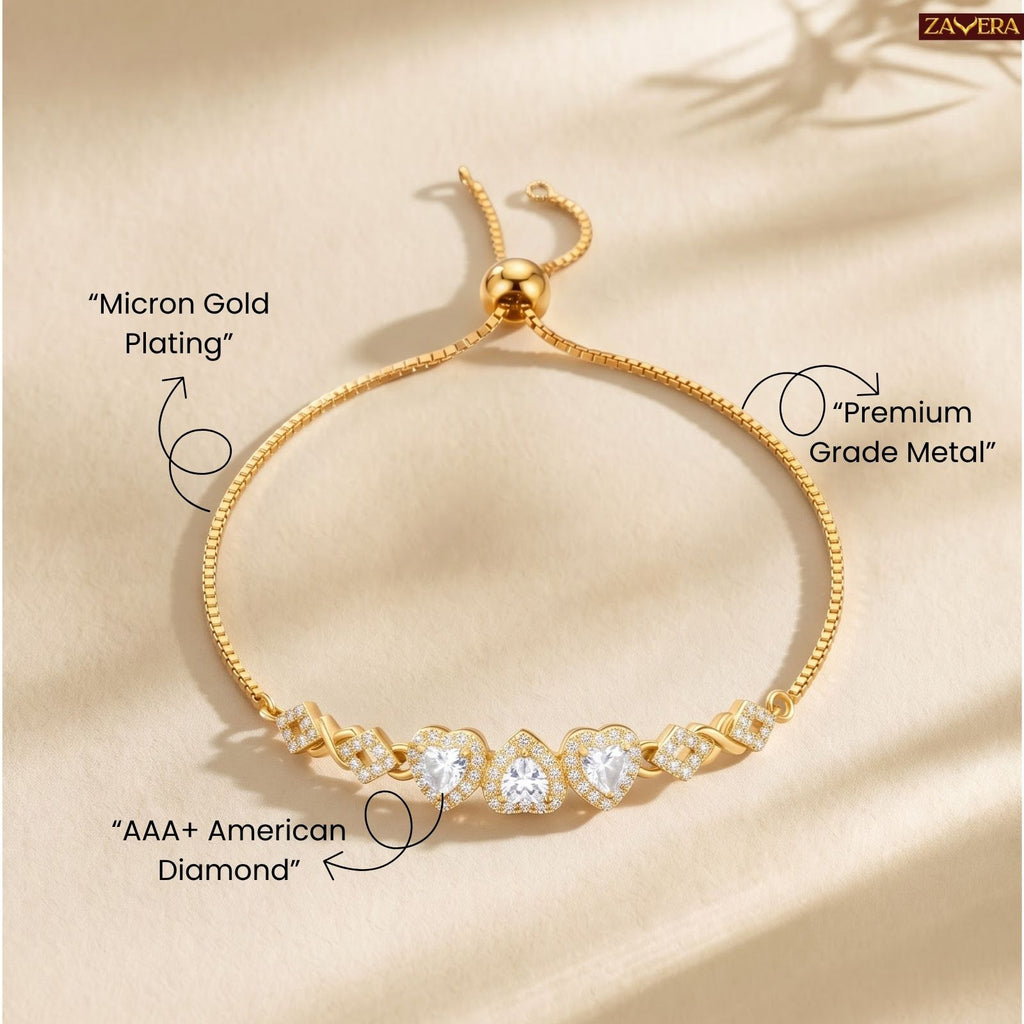 Zavera Gold Plated Trio Heart CZ Crystal Adjustable Bolo Slider Bracelet for Women