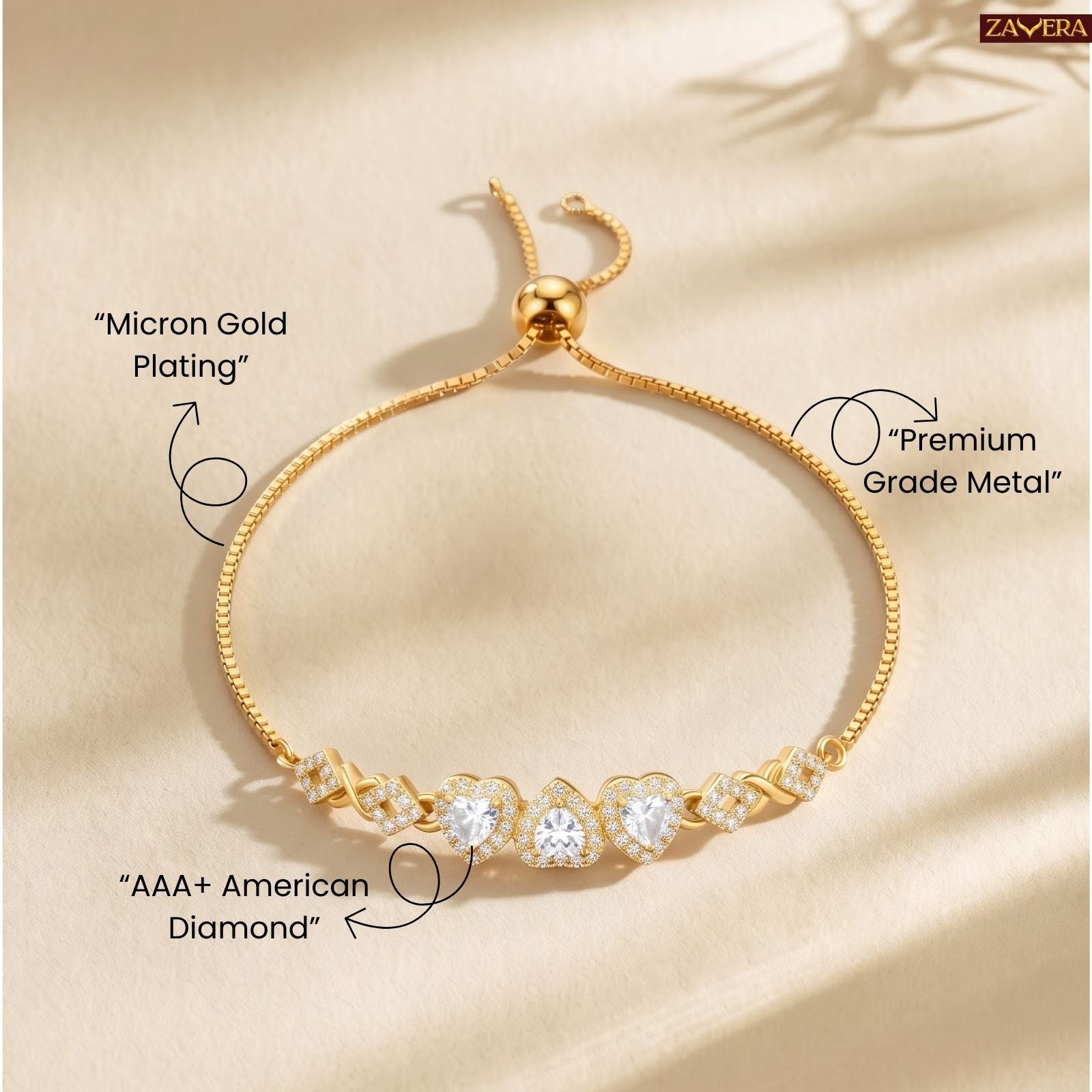 Zavera Gold Plated Trio Heart CZ Crystal Adjustable Bolo Slider Bracelet for Women