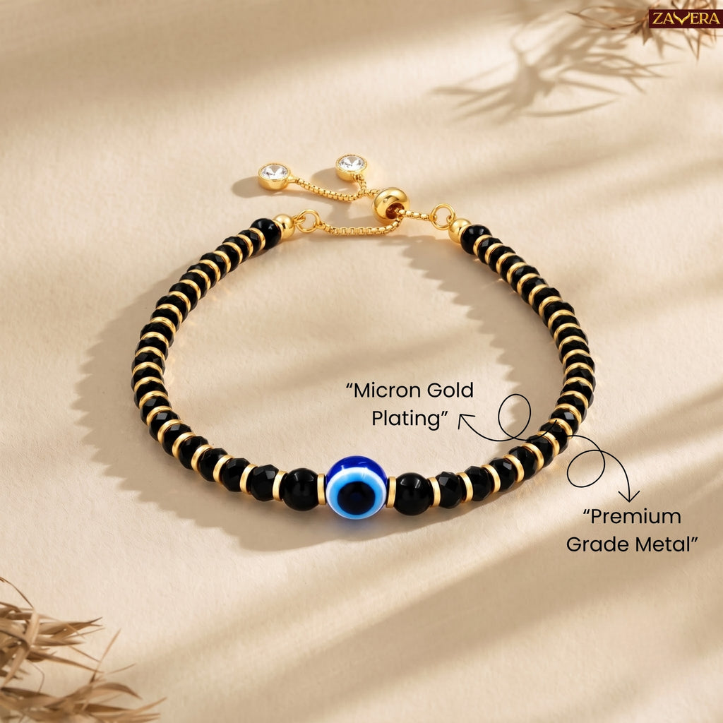 Zavera Gold Plated Black Beaded Evil Eye Bracelet for Women