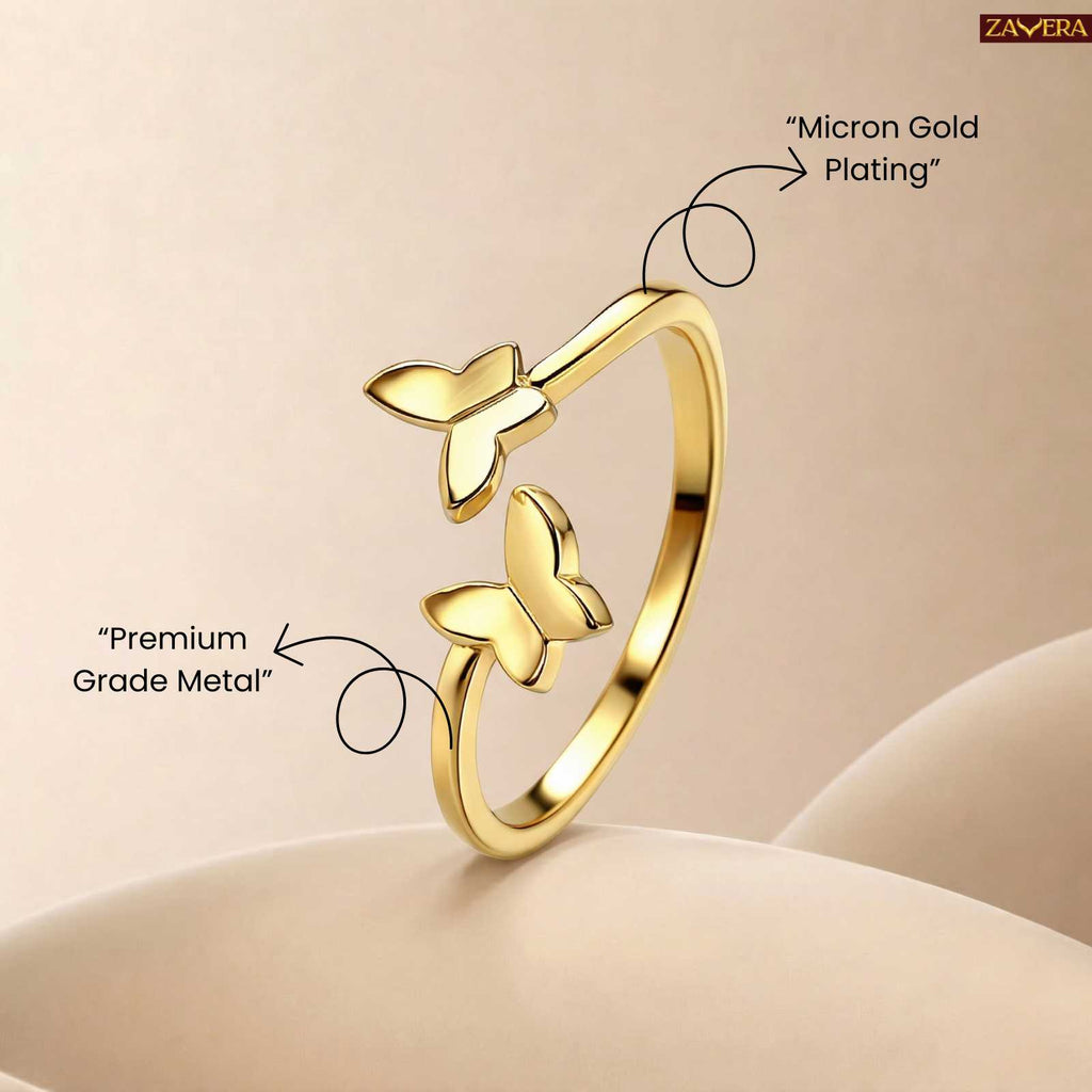 Zavera Butterfly Design Adjustable Ring Gold Plated