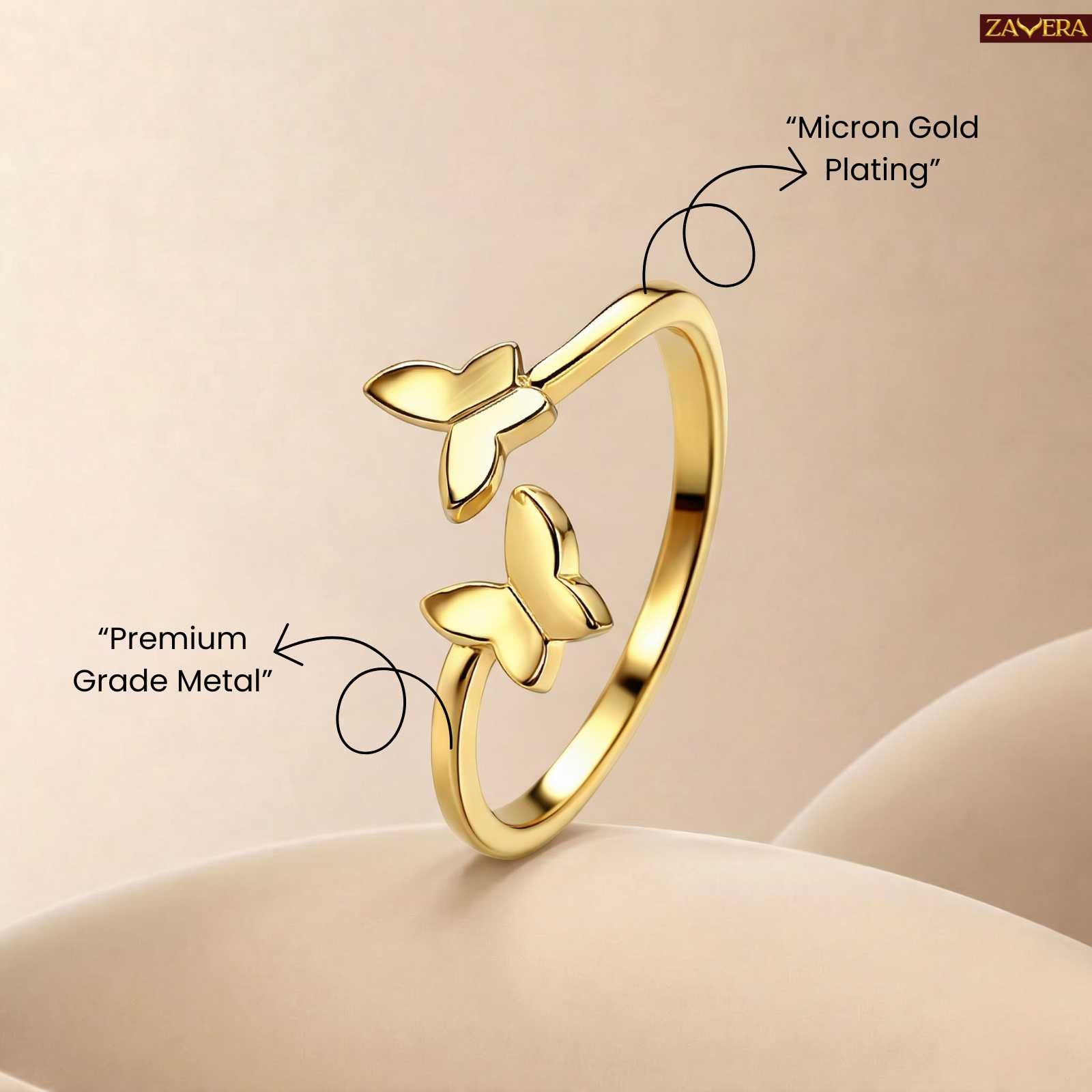 Zavera Butterfly Design Adjustable Ring Gold Plated