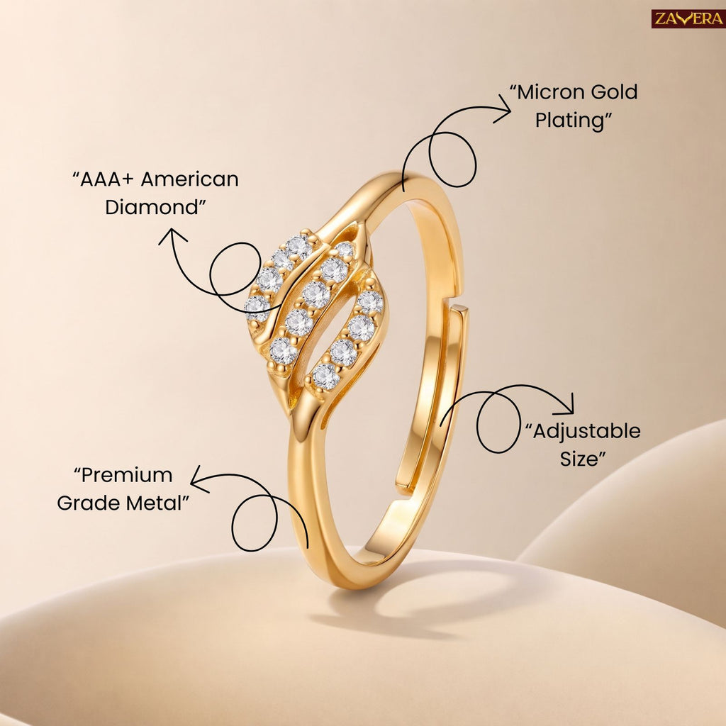 Zavera Brass 22K  Luxury Leaf Motif Style Gold Plated Ring For Women