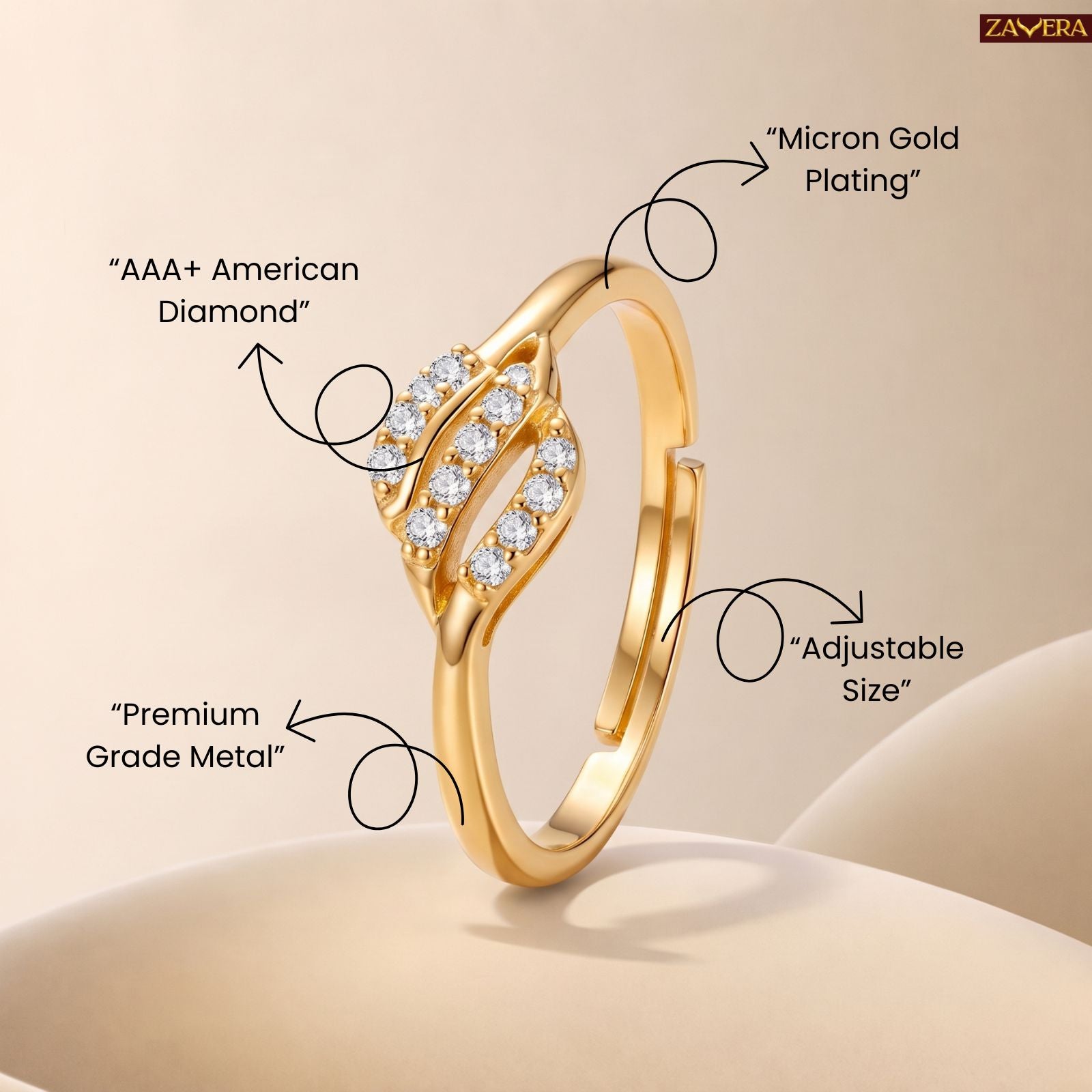 Zavera Brass 22K  Luxury Leaf Motif Style Gold Plated Ring For Women