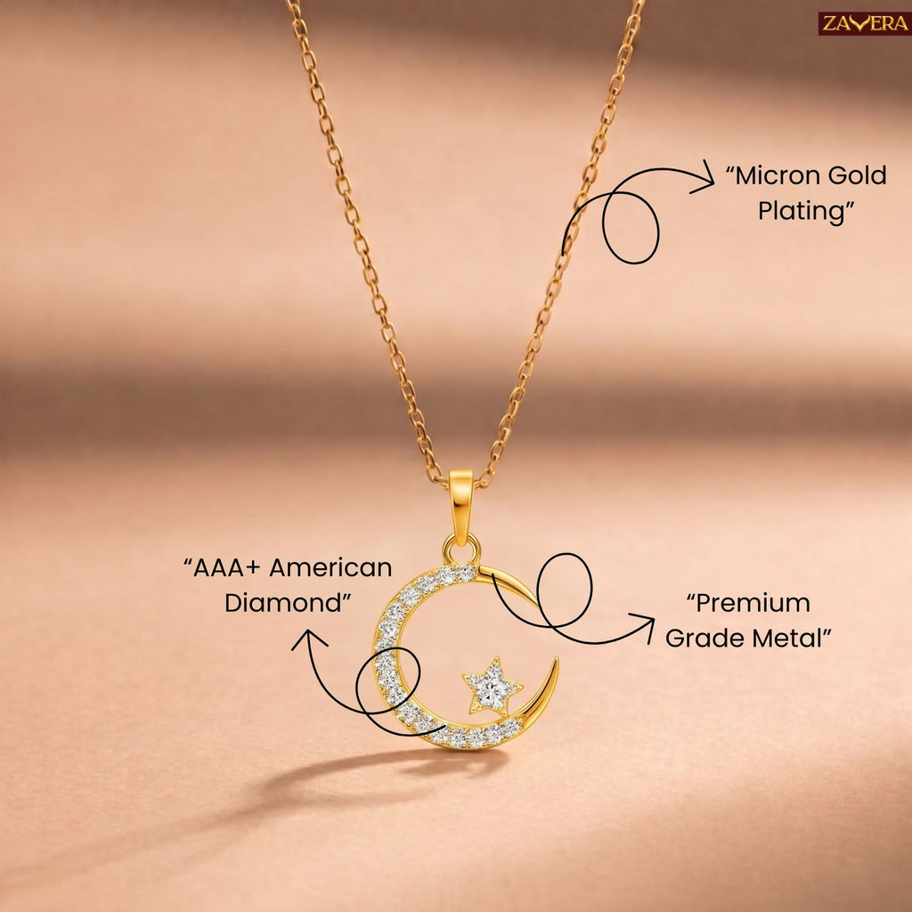 Zavera Gold Plated Celestial Moon Star Diamond Pendant For Women