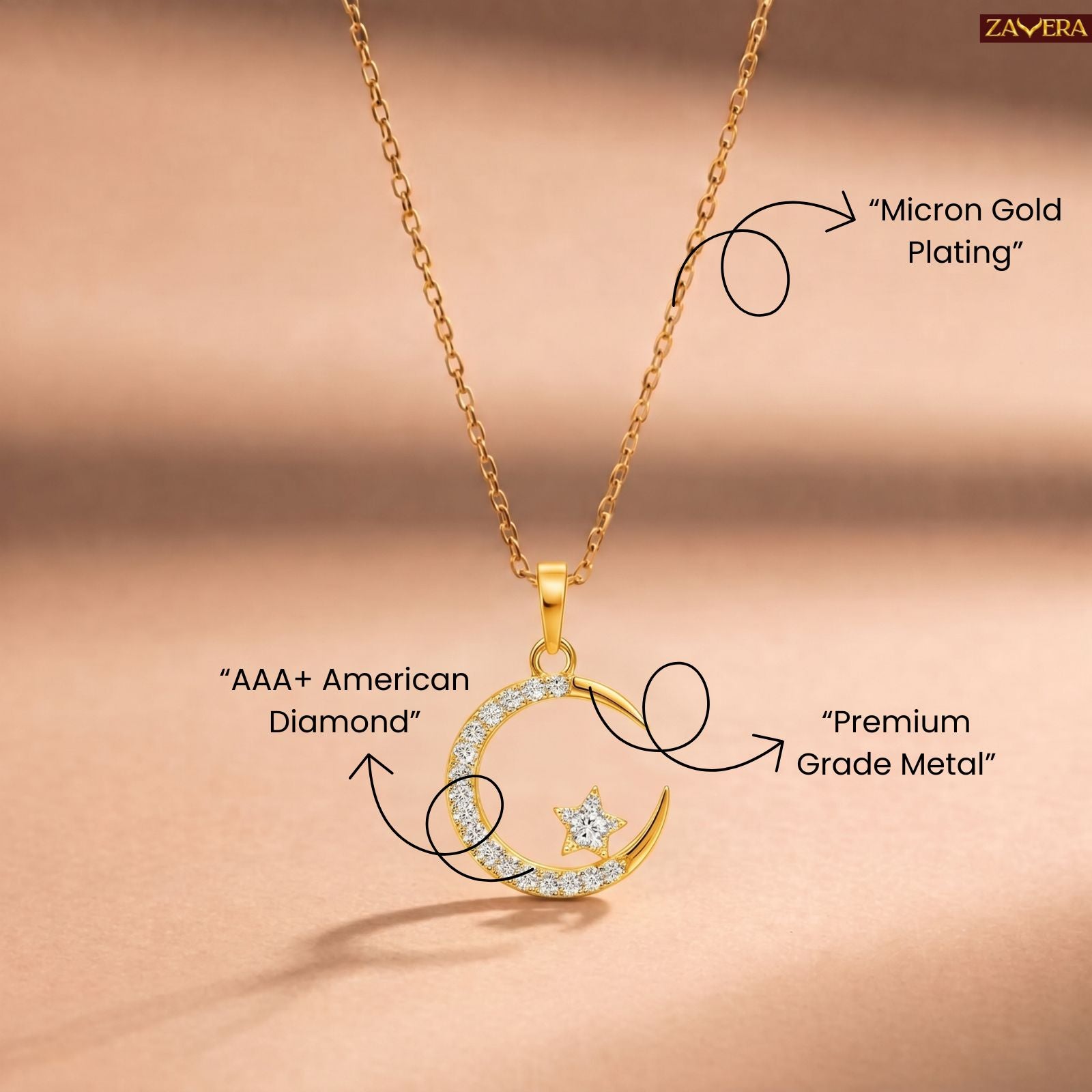Zavera Gold Plated Celestial Moon Star Diamond Pendant For Women