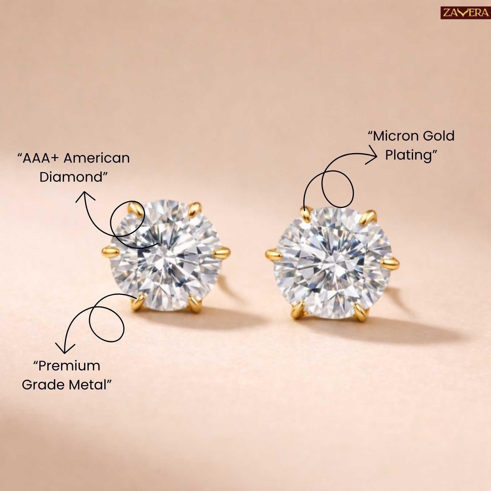 Zavera Six-Prong Solitaire Gold Plated Stud Earrings