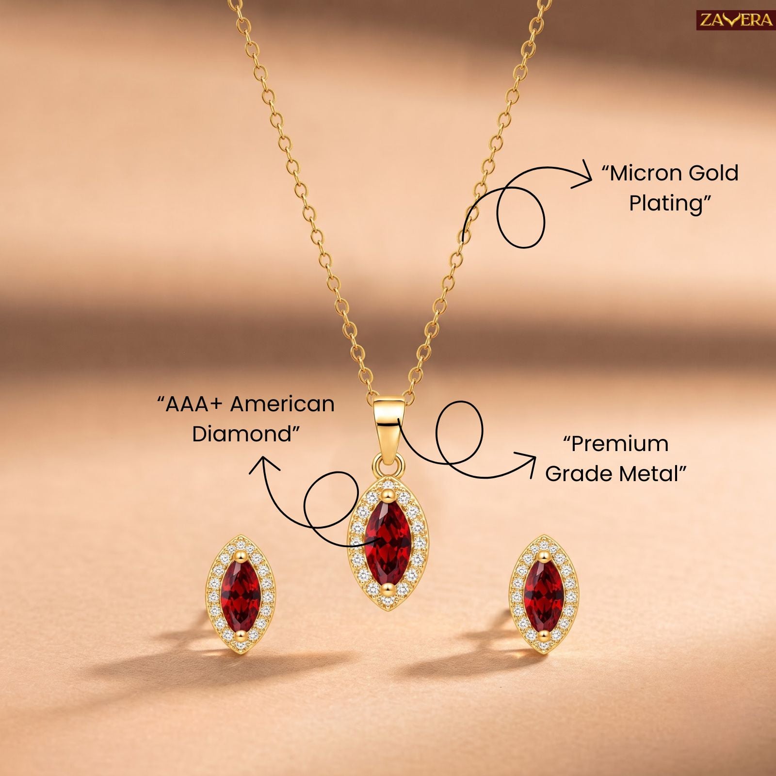 Zavera Gold Plated Ruby Red Marquise Pendant & Earrings Set For Women