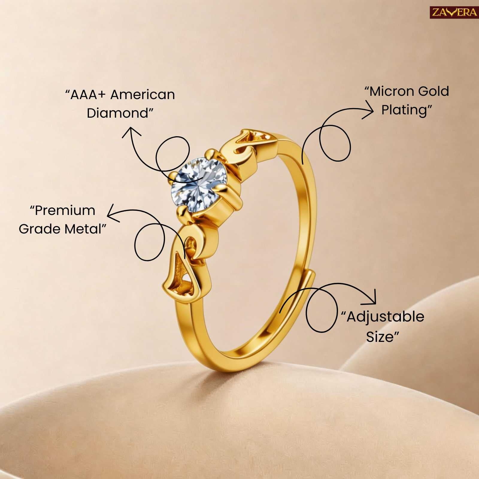 Zavera Classic Solitaire Gold Plated Adjustable Ring