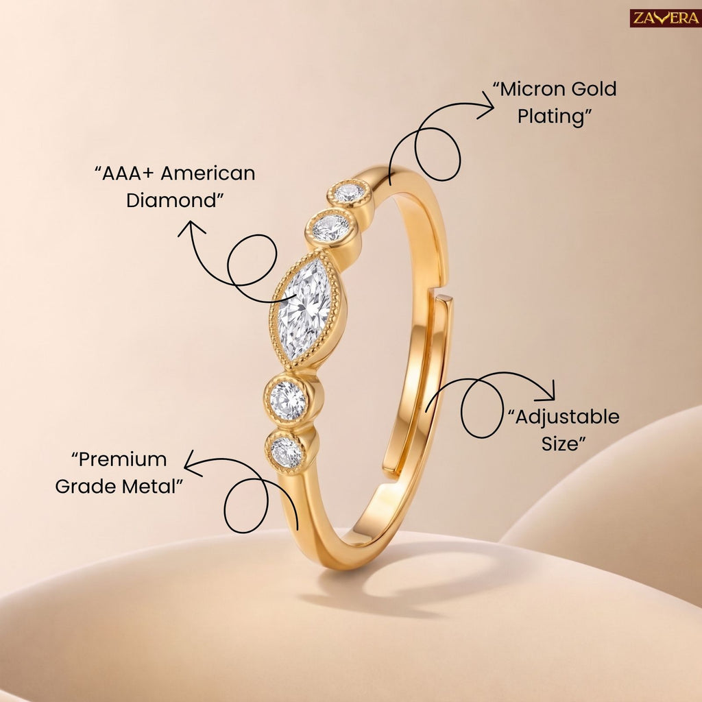 Zavera Brass 22K Marquise Halo American Diamond Gold Plated Ring For Women