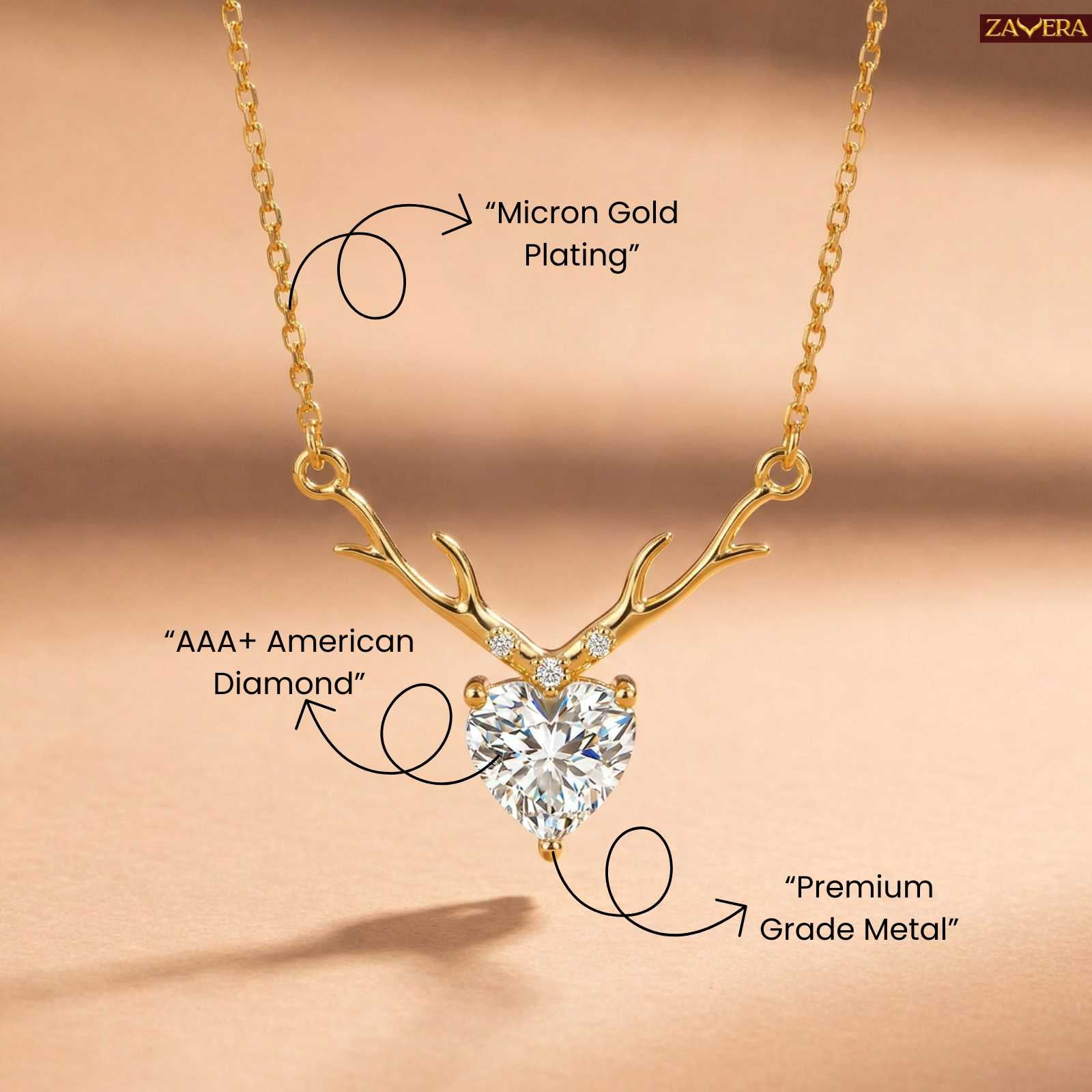 Zavera Deer Antler Heart Design Crystal Pendant Gold Plated