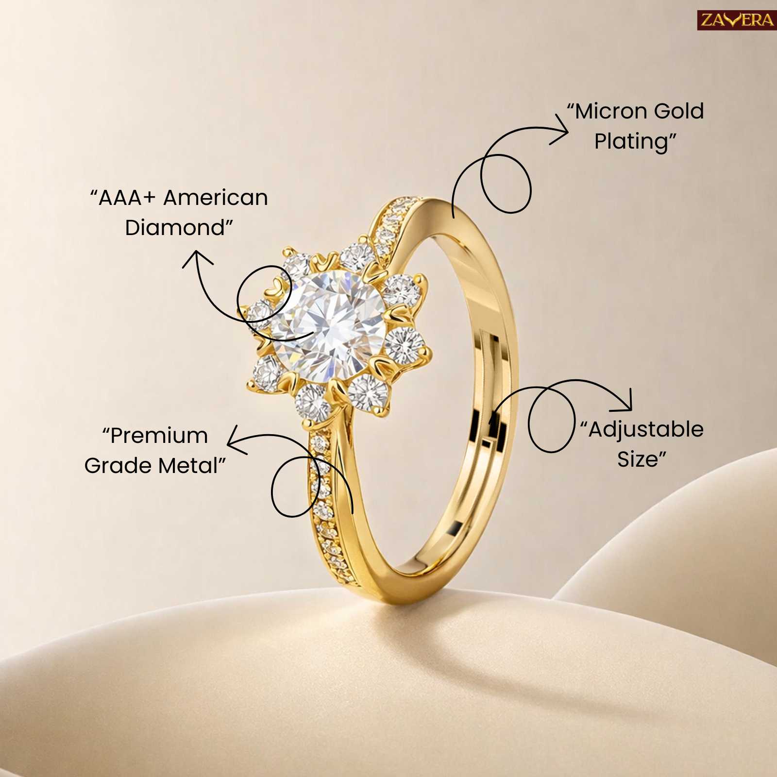 Zavera Gold Plated Blossom Halo Solitaire Adjustable Ring