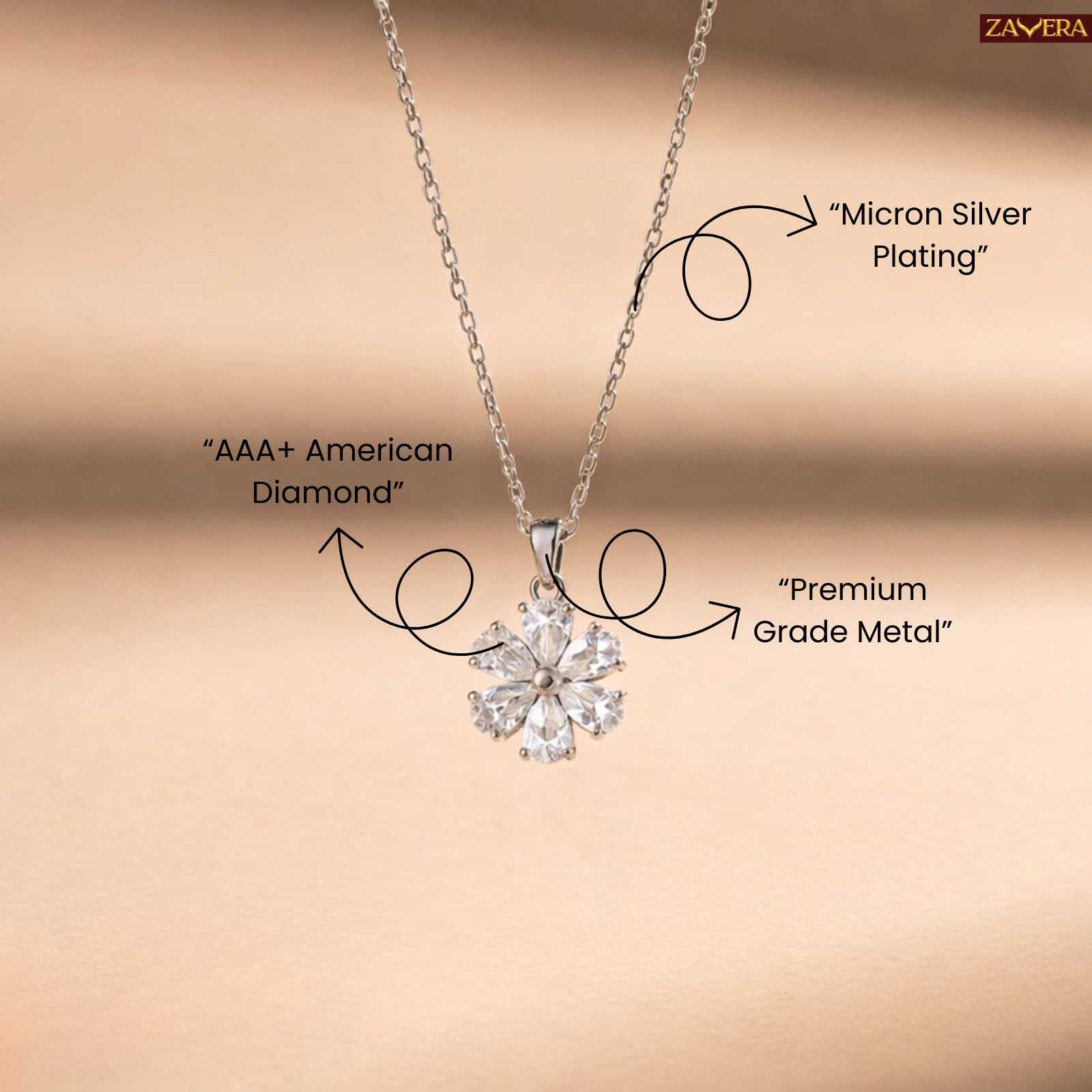 Silver Plated Flower Pendant Necklace for Women Brass Chain