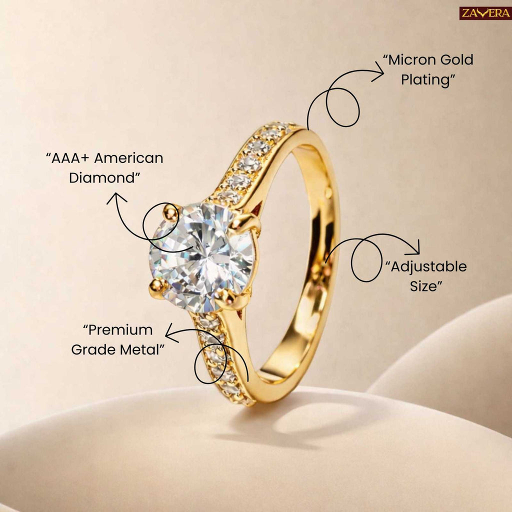 Zavera Gold Plated Classic Spark Solitaire Adjustable Ring