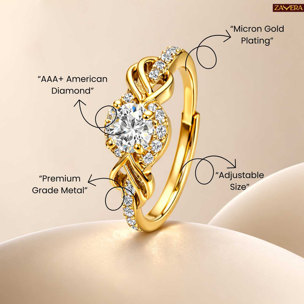 Zavera Gold Plated Royal Knot Sparkle Adjustable Ring