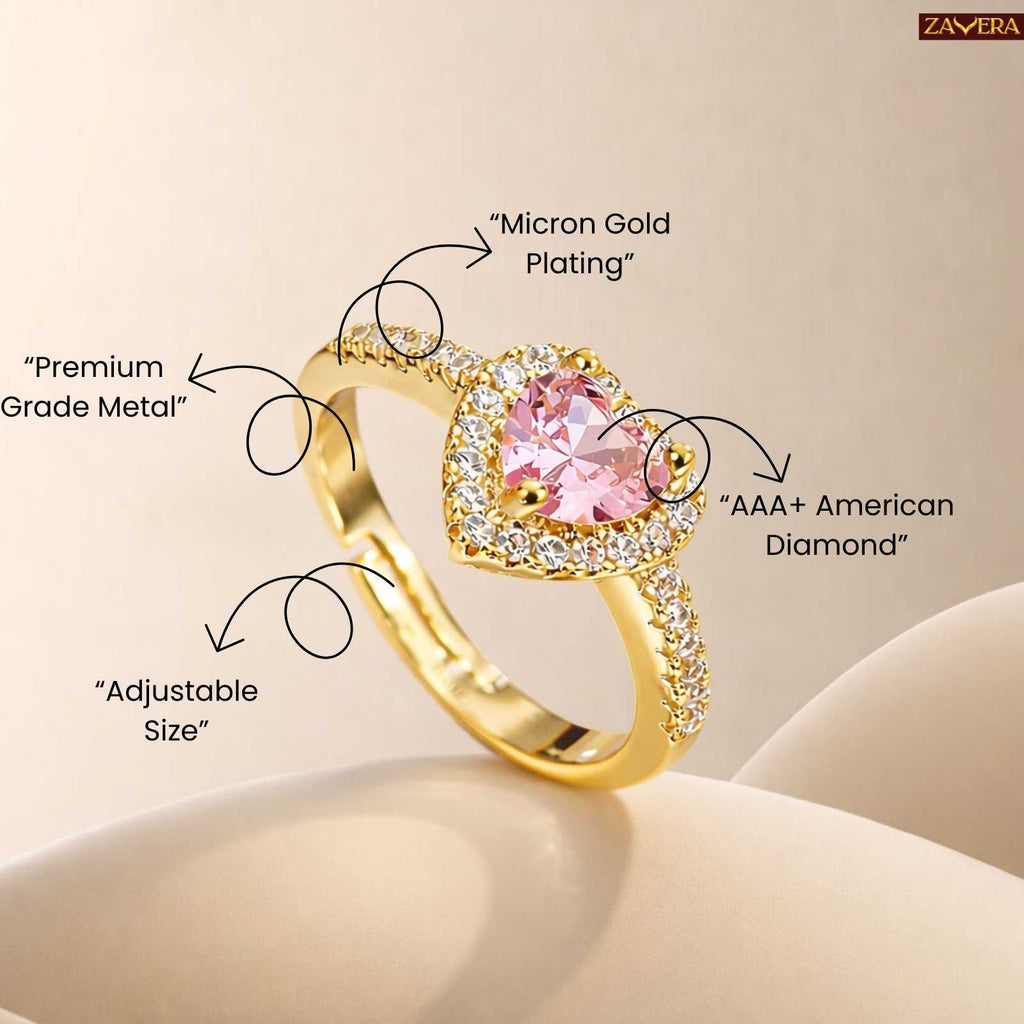 Zavera Gold Plated Pink Heart Adjustable Ring