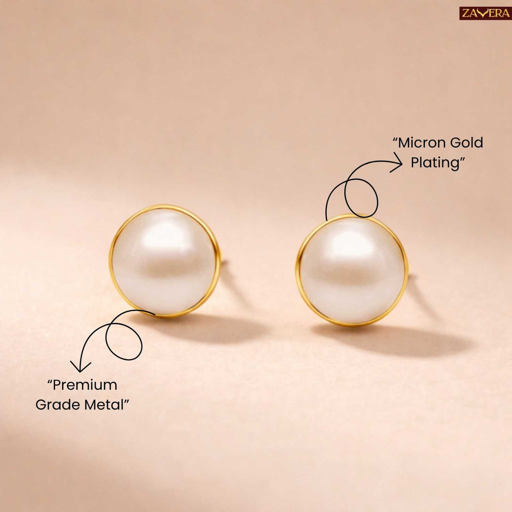 Zavera Classic Pearl Gold Plated Stud Earrings