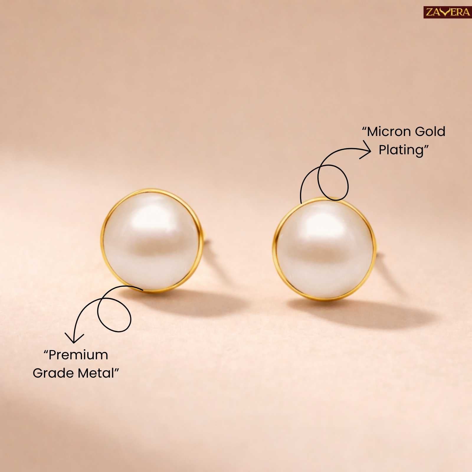 Zavera Classic Pearl Gold Plated Stud Earrings