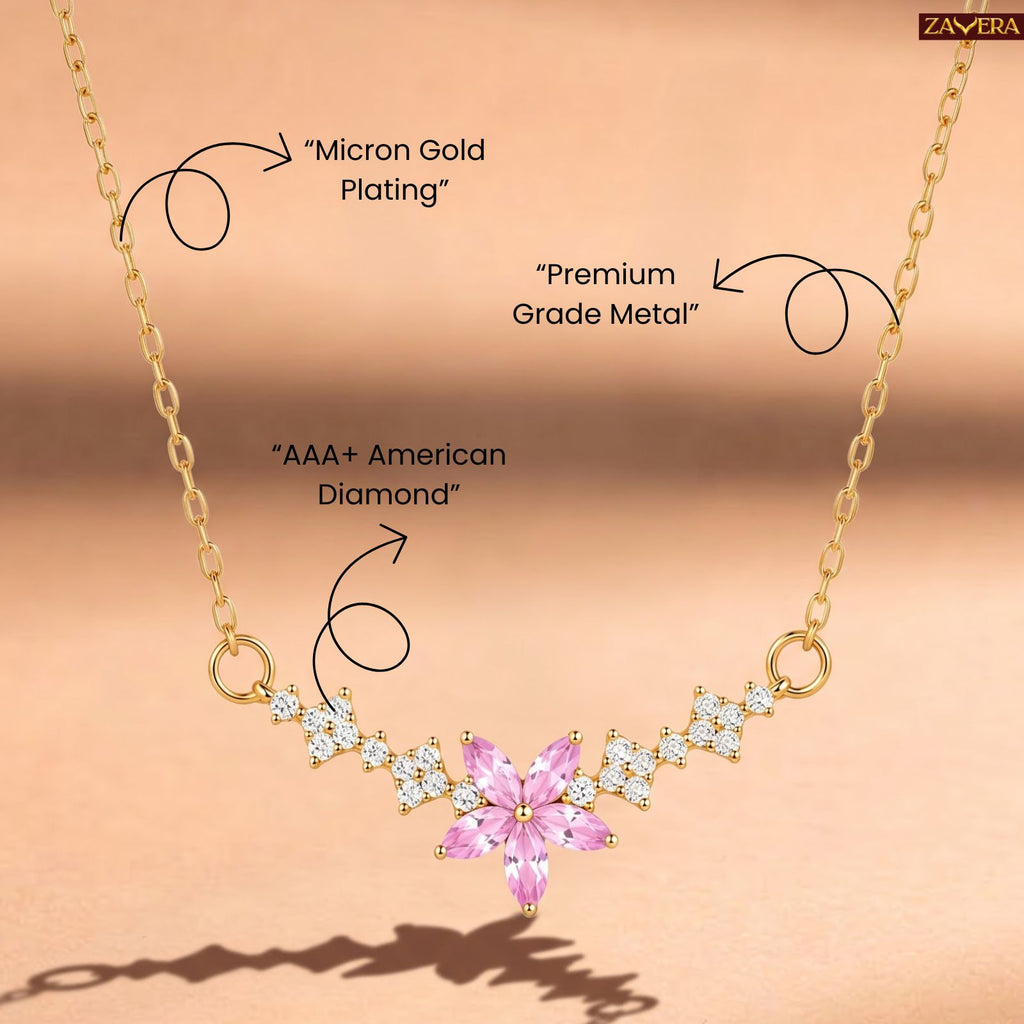 Zavera Gold Plated Pink Flower Pendant For Women