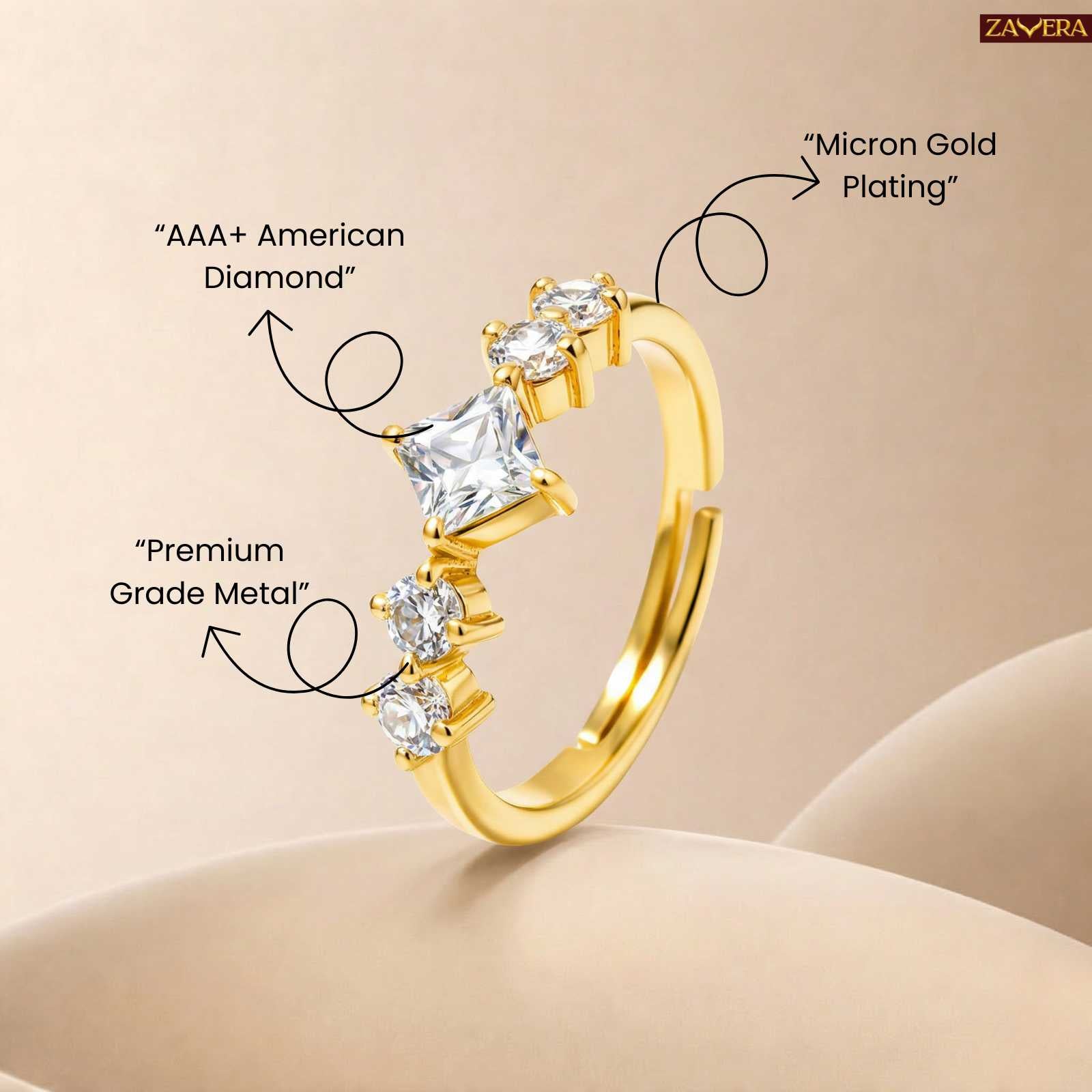 Zavera Square Solitaire Crystal Adjustable Ring Gold Plated